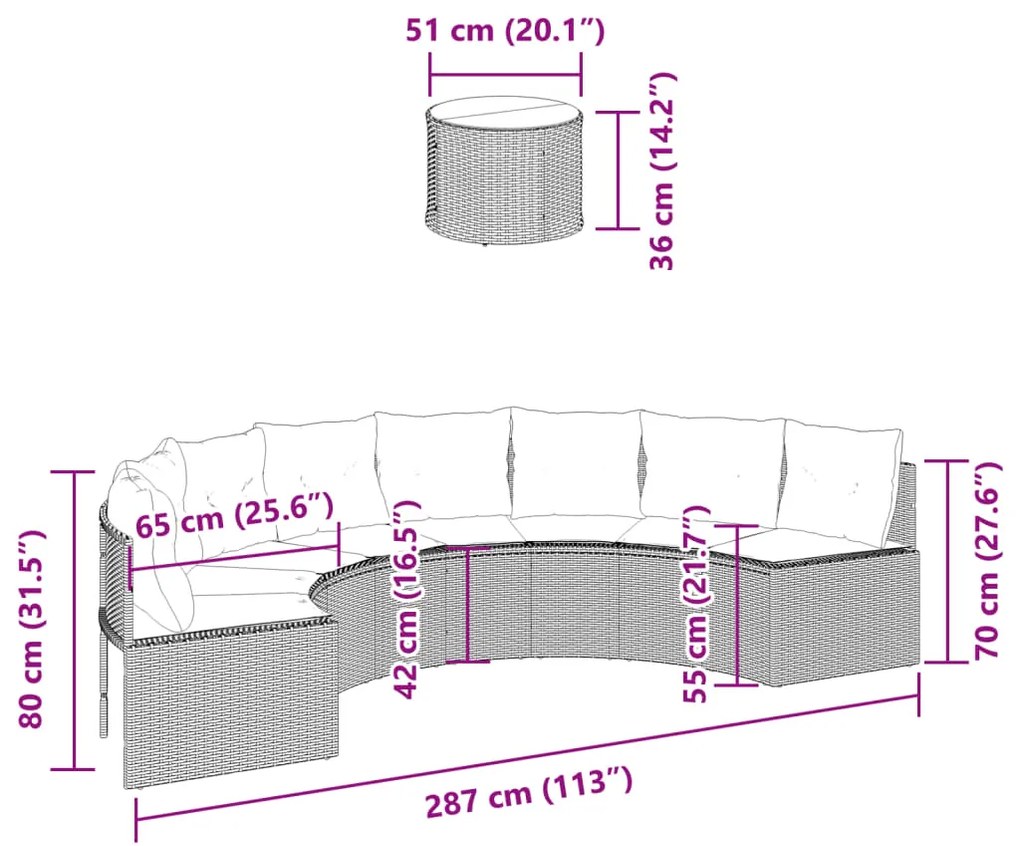 Sofá de jardim com mesa e almofadões semicircular vime PE preto