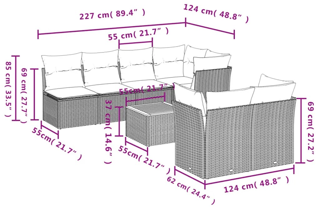 8 pcs conjunto de sofás p/ jardim com almofadões vime PE bege