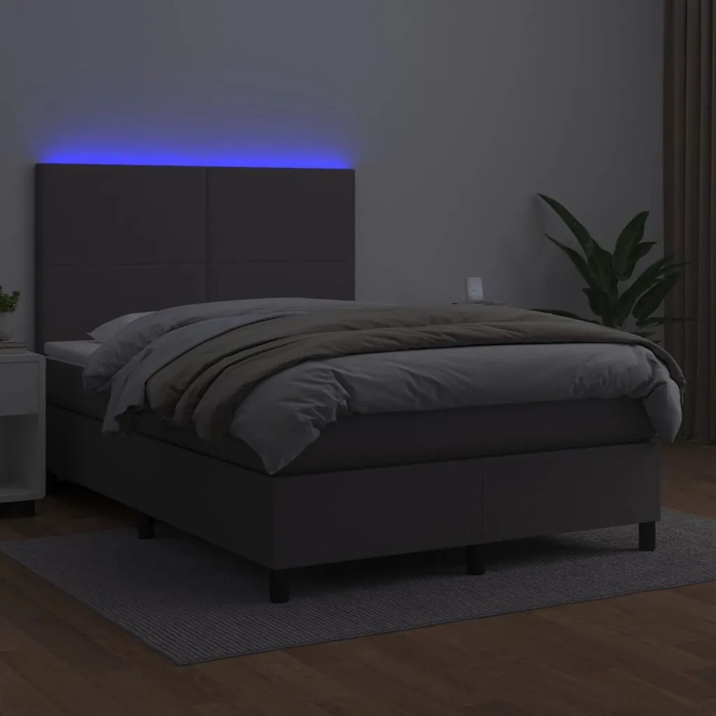 Cama box spring c/ colchão/LED 140x190cm couro artificial cinza