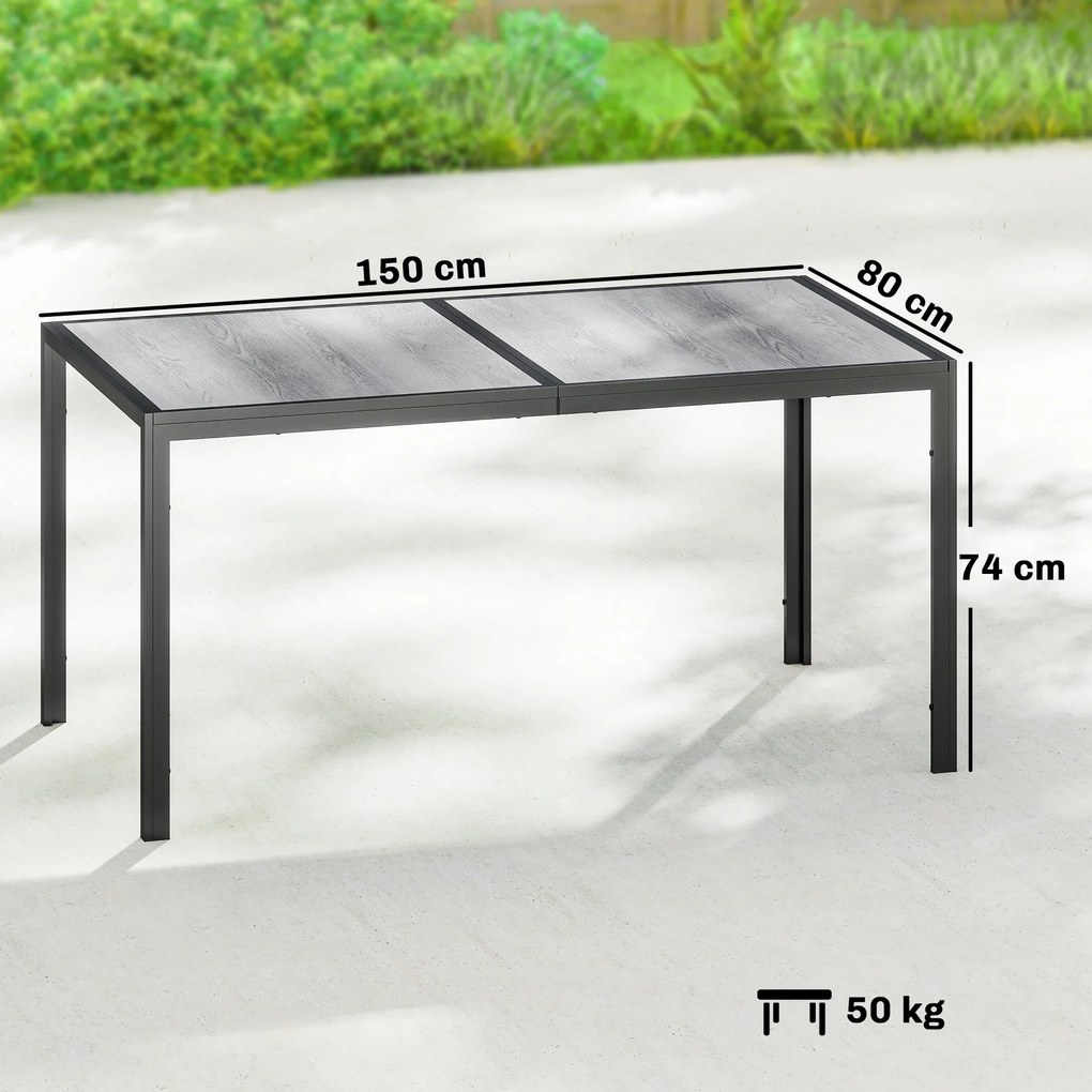 Mesa de jardim para 4 a 6 pessoas, (CADEIRAS NÃO INCLUIDAS) mesa de jantar de exterior com tampo com efeito de madeira, 150 x 80 x 74 cm, cinzenta