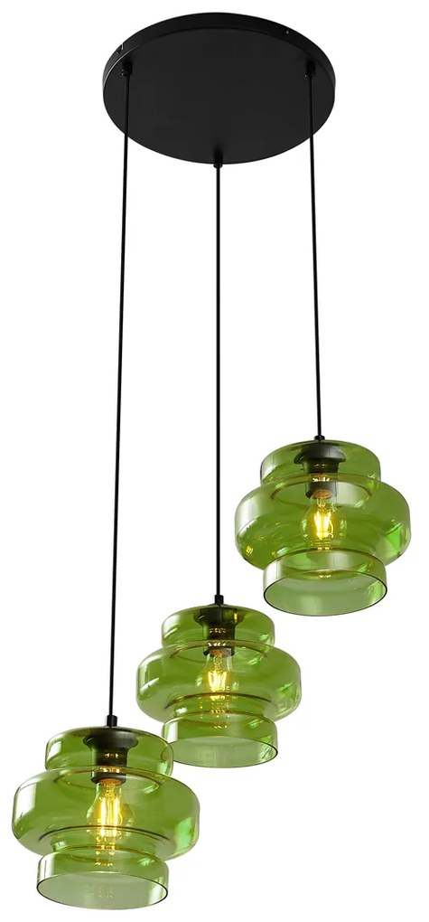 Candeeiro suspenso retro preto com vidro verde 3 luzes - Denise Retro