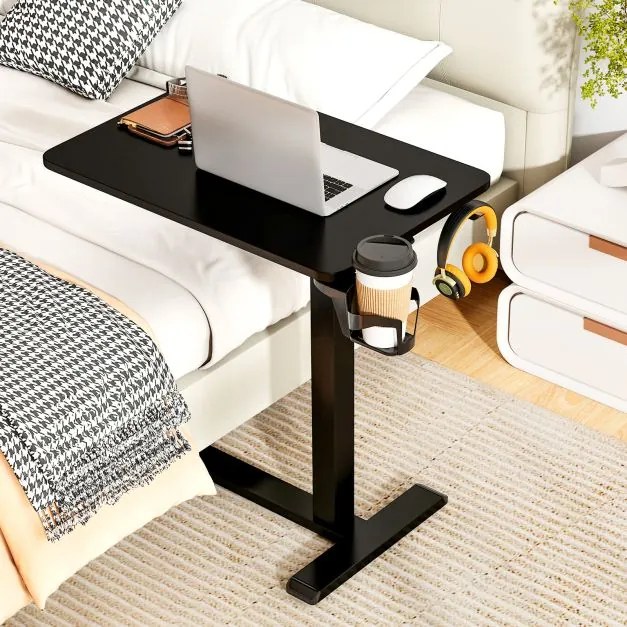 Mesa de computador com rodas ocultas, ajustável em altura com suporte para copos e gancho, preta