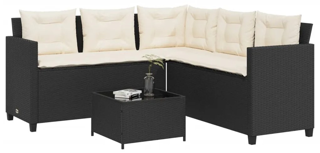 Sofá de jardim em forma de L c/ mesa e almofadões vime PE preto