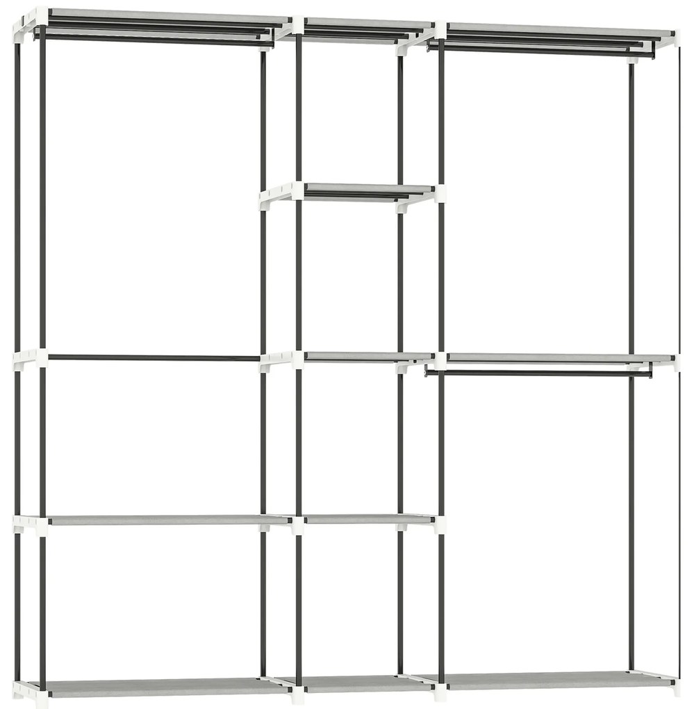 Guarda Roupa 182x43x185 cm Armário Aberto com 8 Prateleiras de Tecido Barras para Pendurar Cinza