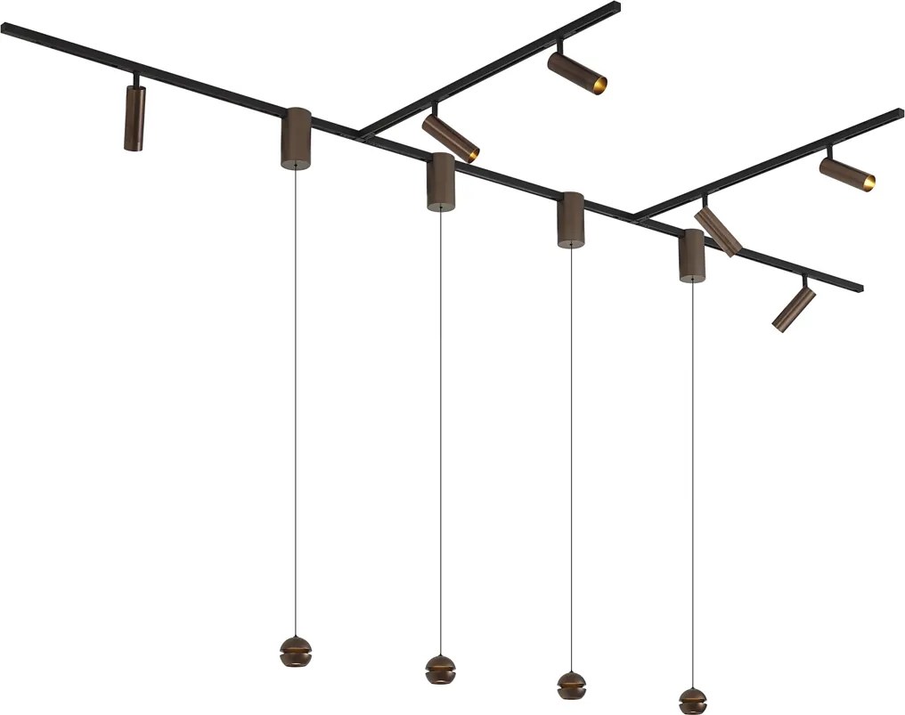 Sistema de calhas de iluminação moderno com 6 focos e 4 candeeiros suspensos Easylift bronze escuro monofásico - Slimline Uzzy Tira