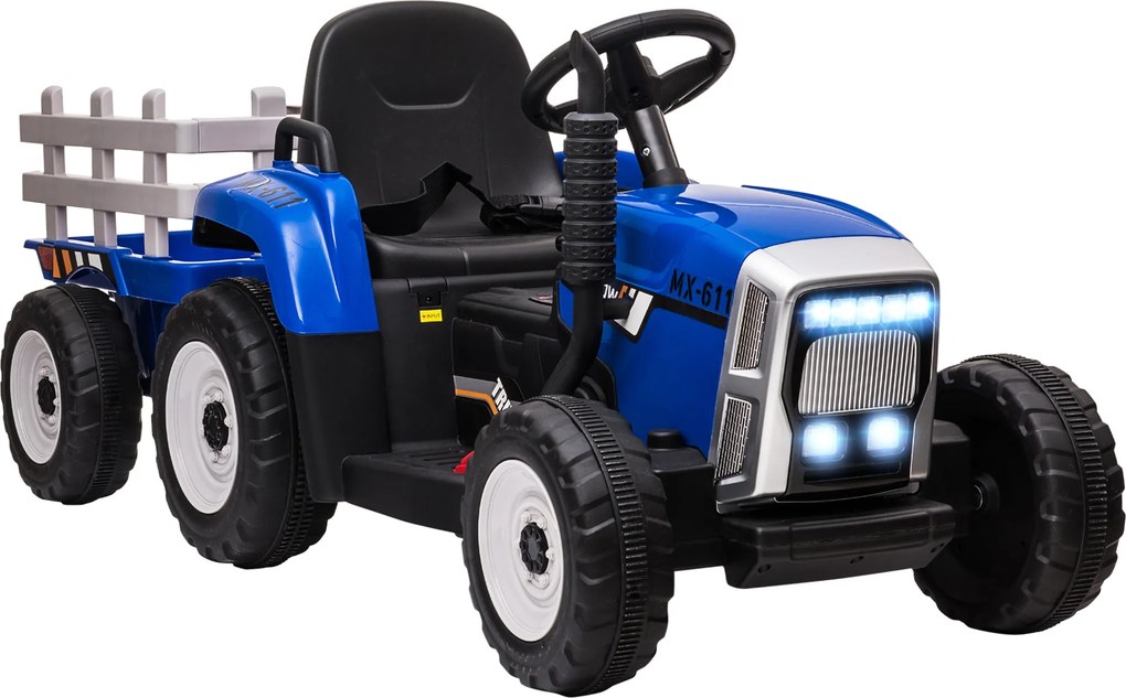 HOMCOM Trator Elétrico com Reboque Amovível com Controlo Remoto Música MP3 Luzes e Cinto de Segurança 136,5x50x52,5 cm Azul | Aosom Portugal