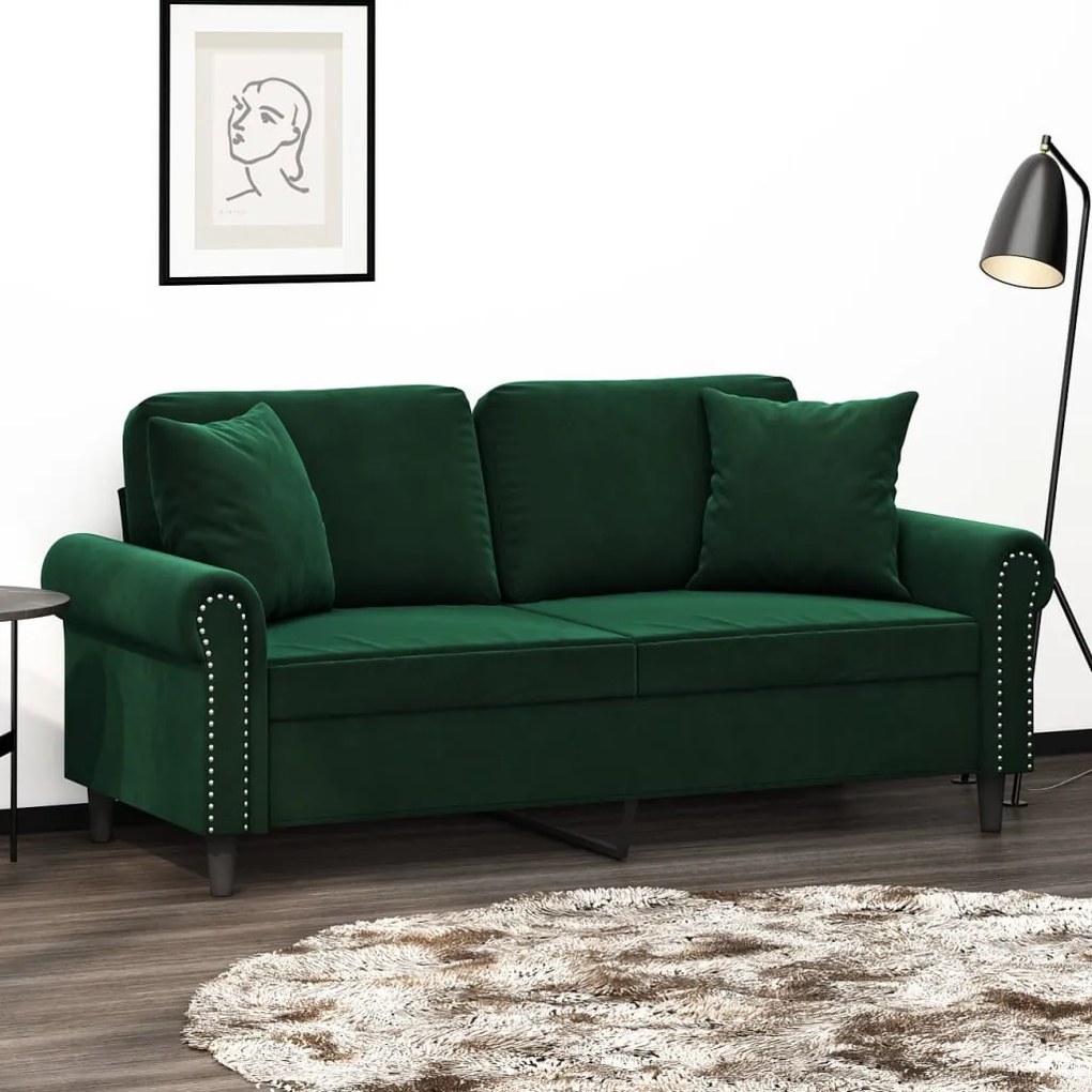 vidaXL Sofá 2 lug. c/ almofadas/almofadões 140 cm veludo verde-escuro