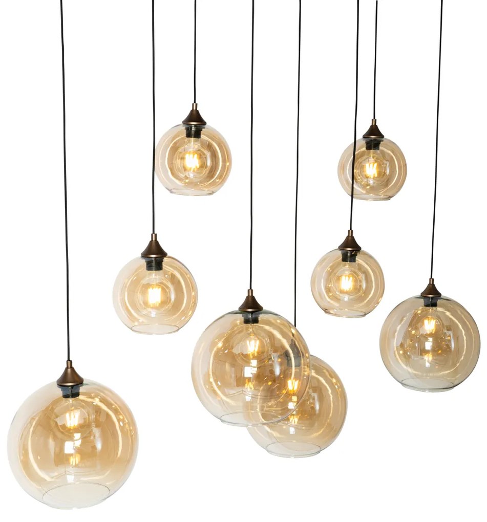 Candeeiro de suspensão Art Deco bronze escuro com vidro âmbar oval 8 luzes - Sandra