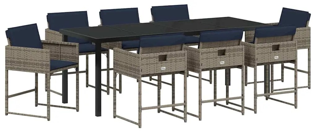 Conjunto de Jantar de Jardim de 9 Peças com Almofadas Cinza em Rattan