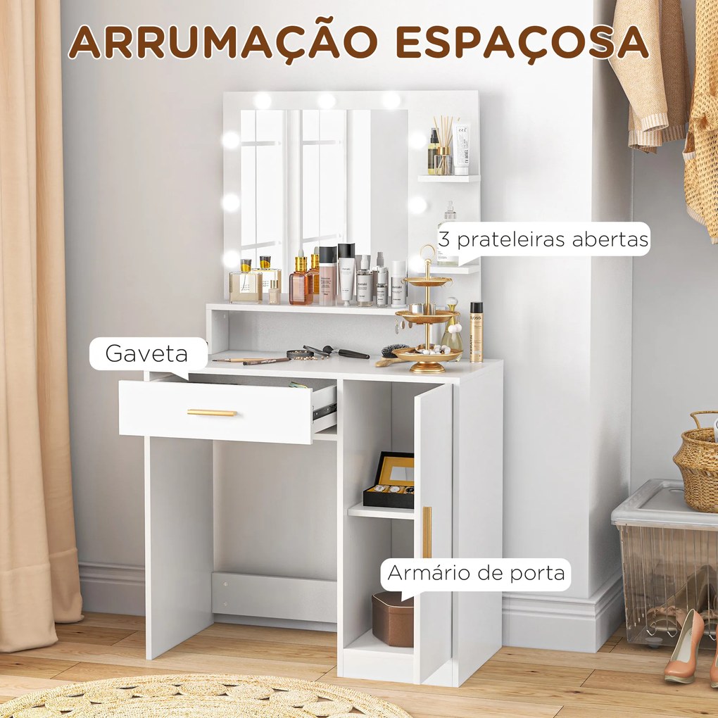 Toucador de Maquilhagem com Banco Mesa de Maquilhagem com Espelho LED Gavetas Prateleira Ajustável e Prateleiras Abertas Branco