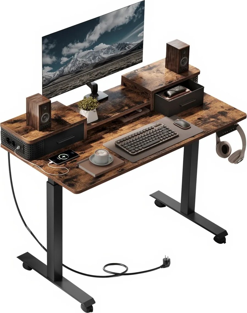 Secretária elétrica alta ajustável em altura, 120 x 60 x (72-120) cm, com suporte para monitor e estação de carregamento castanha