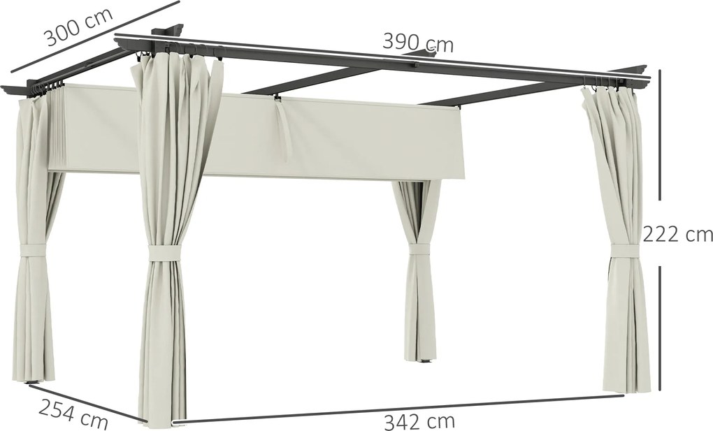 Pérgola com Teto Retrátil 3,9x3x2,2 m Paredes Laterais Tecido de Poliéster Anti UV Pérgola para Jardim Creme