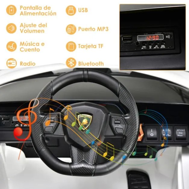 Carro elétrico para crianças bateria de 12 V Lamborghini com controlo remoto Luzes LED Música MP3 Buzina 108 x 64 x 41 cm Branco