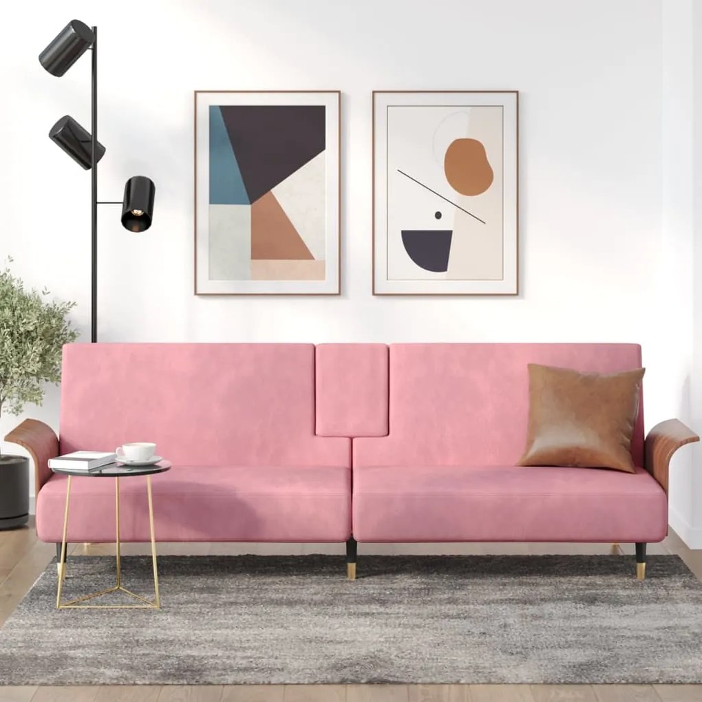 vidaXL Sofá-cama com suporte para copos veludo rosa