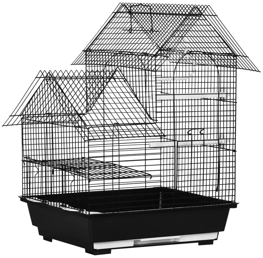 PawHut Gaiola para Pássaros 39x33x47cm com 3 Portas 2 Comedouros 2 Poleiros Baloiço Bandeja Amovível e Alça de Transporte Preto