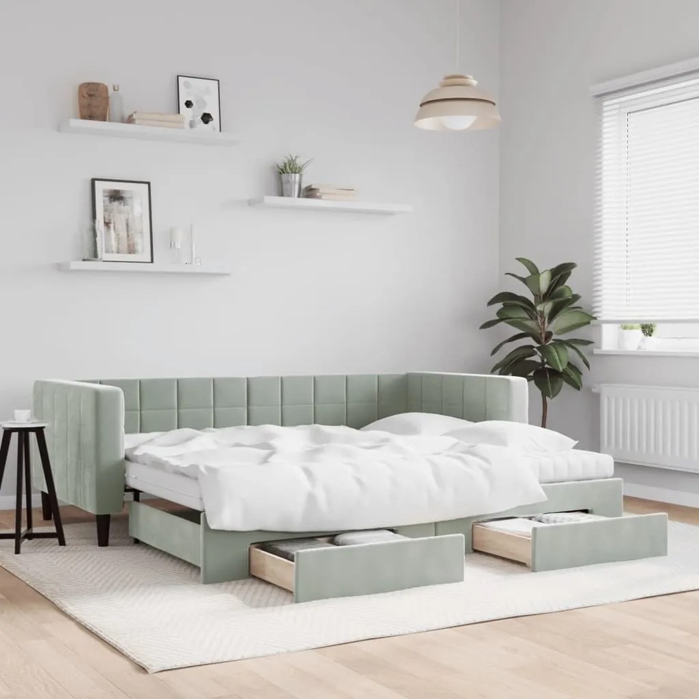 Sofá-cama c/ gavetão e gavetas 90x200 cm veludo cinzento-claro