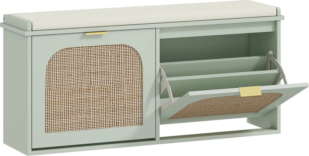 HOMCOM Banco para sapatos, banco de arrumação, assento almofadado, gavetas dobráveis, porta em vime, 104 x 26 x 47,5 cm, verde | Aosom Portugal