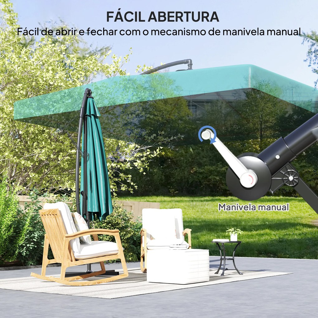 Chapéu de Sol de Jardim Chapéu de Sol Excêntrico com Rede Mosquiteira Manivela e Base Cruzada 296x296x265cm Verde