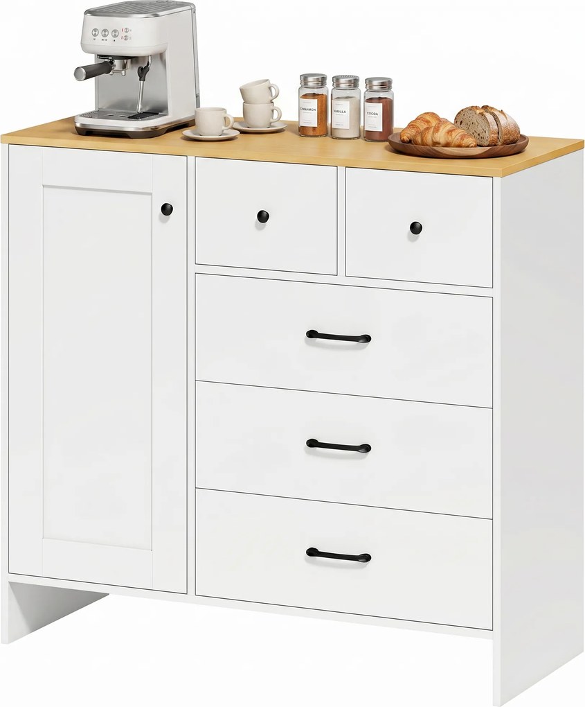 Aparador de cozinha 100 x 40 x 94 cm, móvel de arrumação com 5 gavetas e porta, estilo rústico, branco