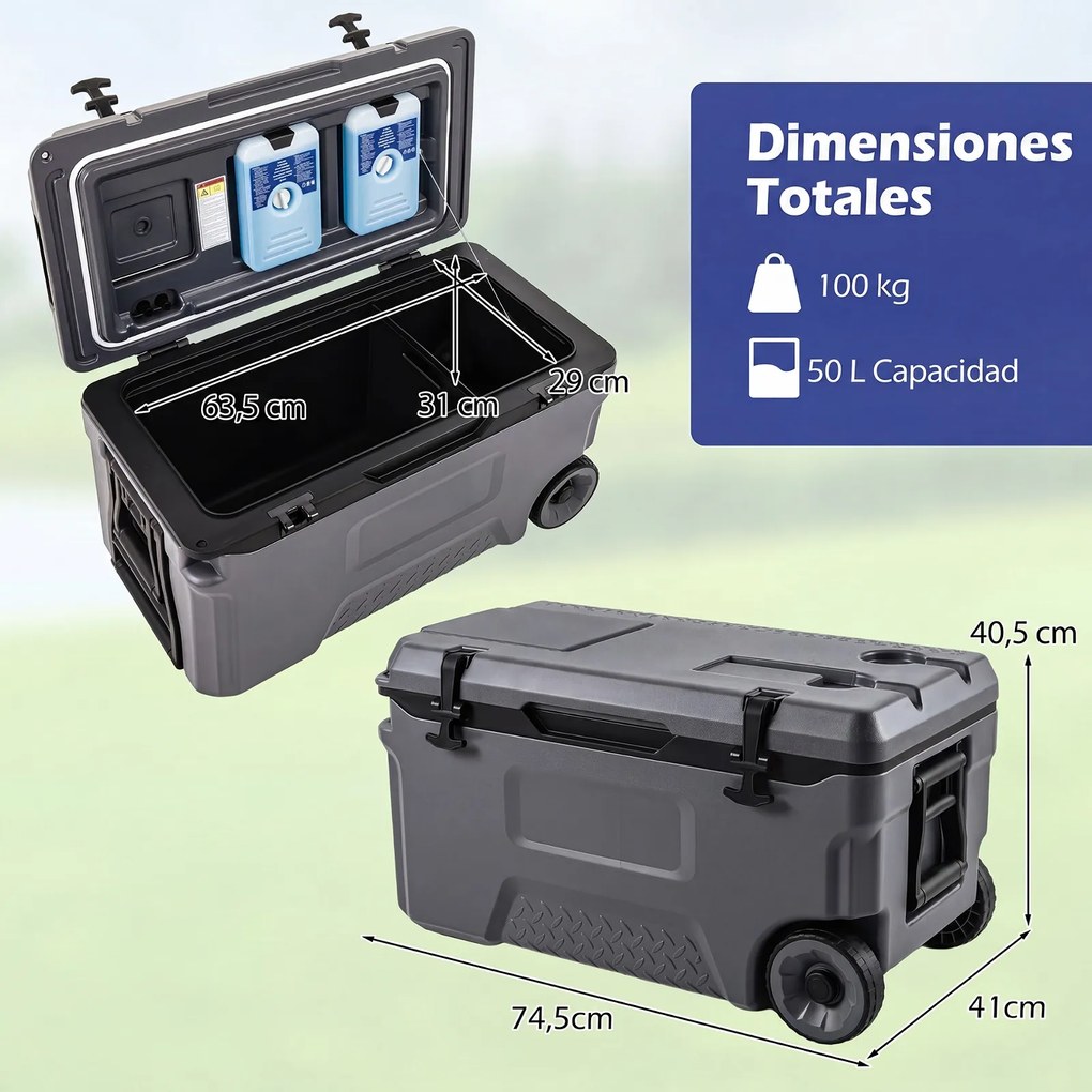 Geleira Portátil com Rodas, 74,5 x 41 x 40,5 cm, Capacidade de 50 L, Cinzento