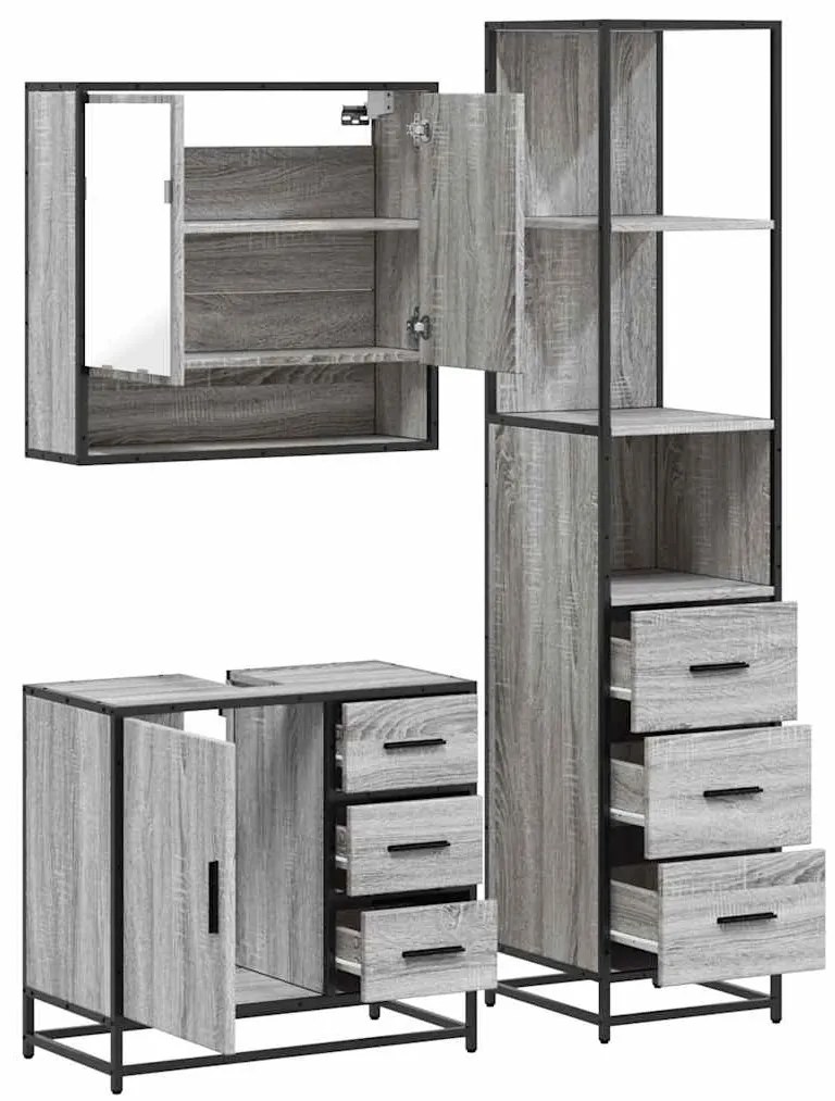 3 pcs Conjunto móveis casa de banho madeira proc. cinza sonoma