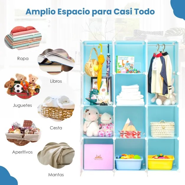 Estante modular portátil para guarda-roupa infantil com 12 cubos com 2 seções suspensas para brinquedos, sapatos, roupas, 107 x 36 x 142 cm, azul
