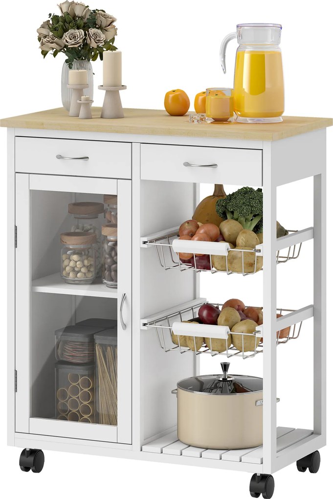 Carrinho de Cozinha, 67 x 35 x 80 cm, Tampo de Bambu, Branco