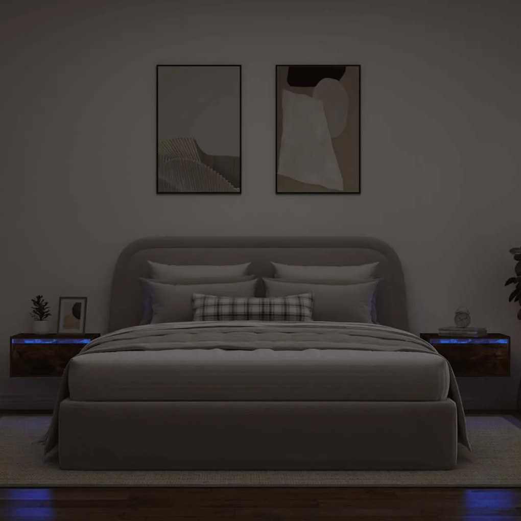 Mesas de cabeceira de parede com luzes LED 2pcs carvalho fumado
