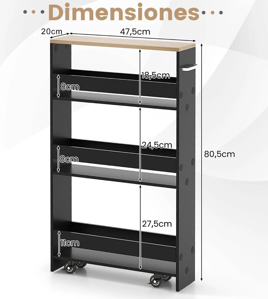 Carrinho de cozinha estreito 47,5 x 20 x 80,5 cm de 4 níveis com rodas com pega e estantes abertas para espaços pequenos Preto