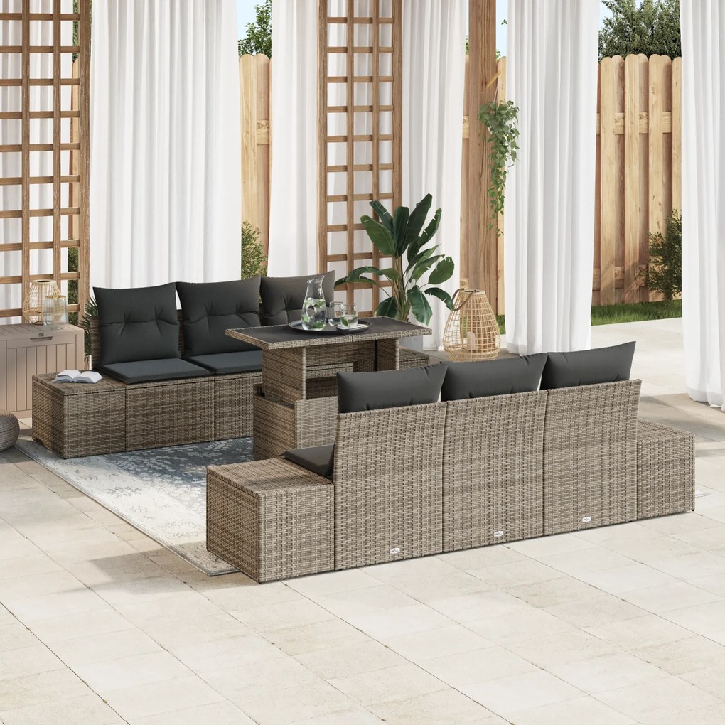 Conjunto de Sofá de Jardim de 7 Peças com Almofadas Cinzento Vime Poli