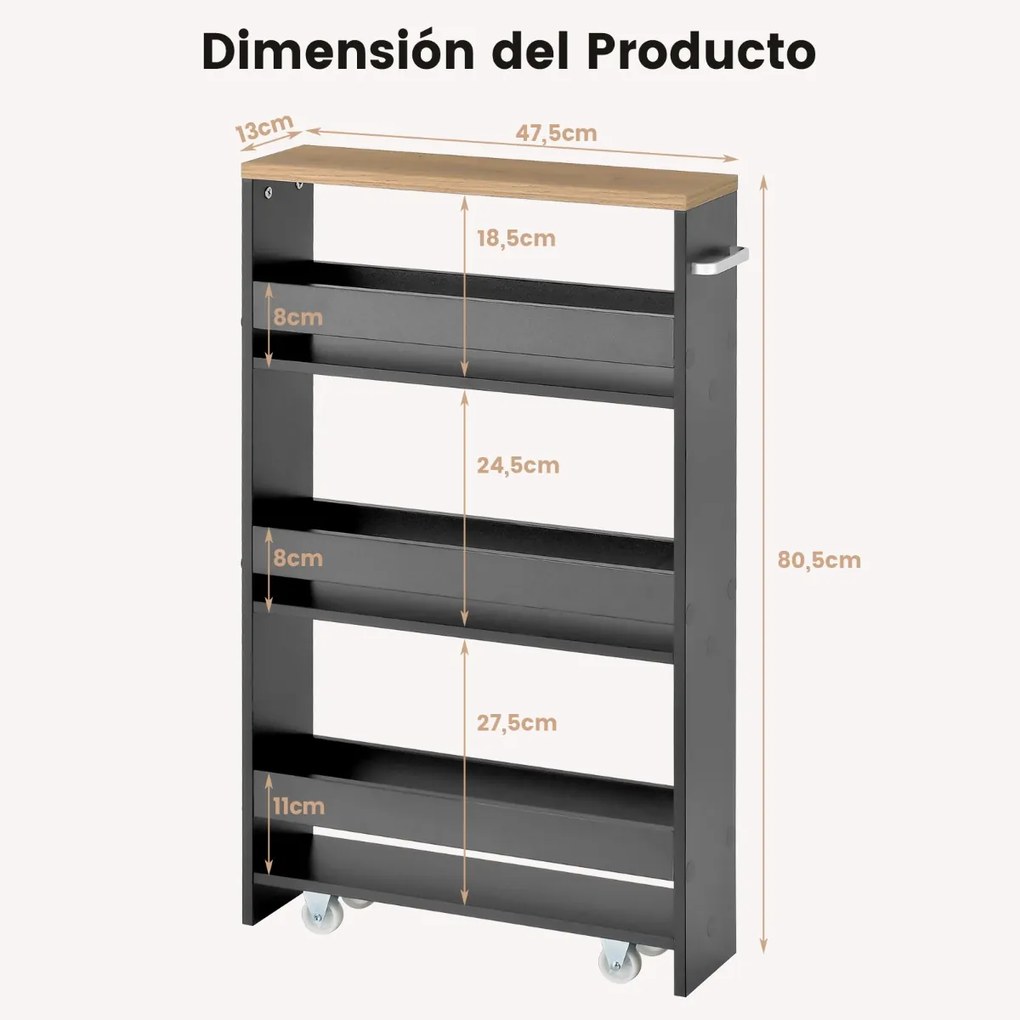 Carrinho de cozinha de arrumação estreito com 4 Estantes Rodas Organizador Móvel Economizador de Espaço para a Casa de Banho 48 x 13 x 81 cm Cinzento