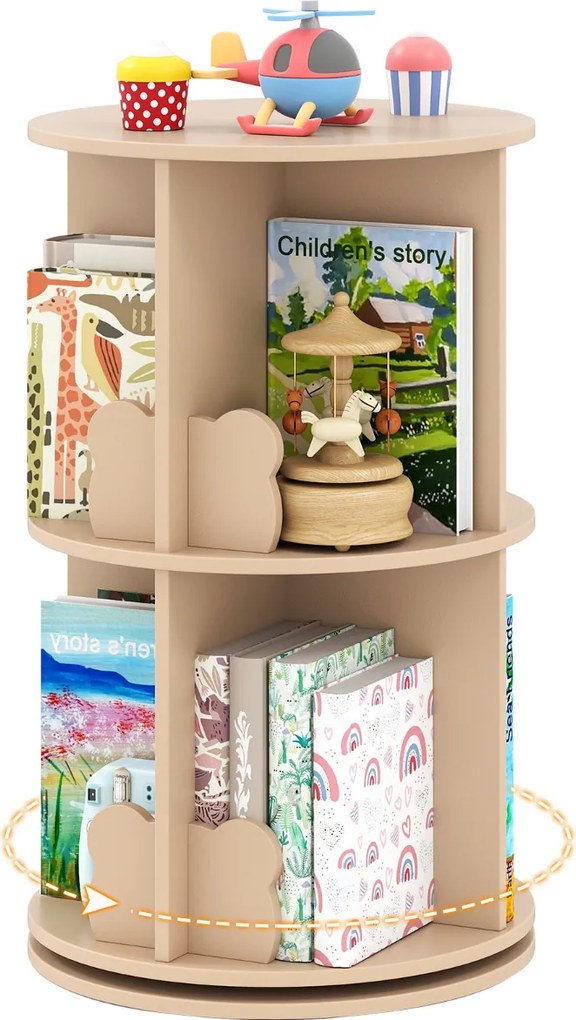 Estante giratória para crianças Estante infantil com 2 níveis e separadores em forma de coelho 360 graus 40 x 40 x 65 cm Café