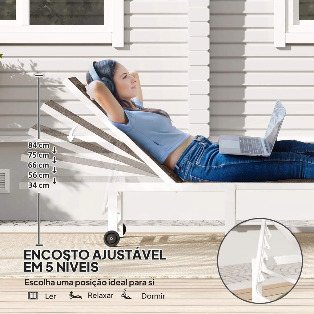 Espreguiçadeira Reclinável Espreguiçadeira Jardim com Rodas Encosto Ajustável em 5 Níveis 166x60x84 cm Castanho