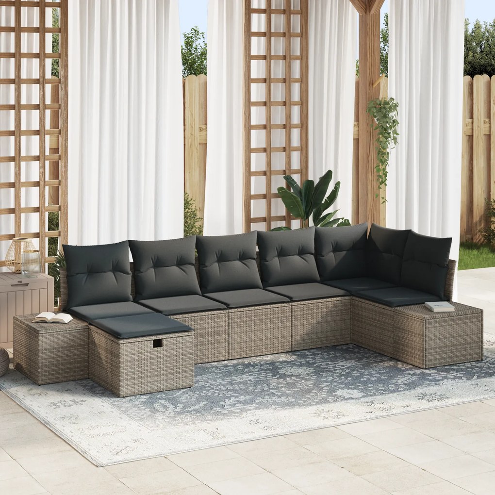 Conjunto de Sofá de Jardim de 7 Peças com Almofadas Cinza Rattan