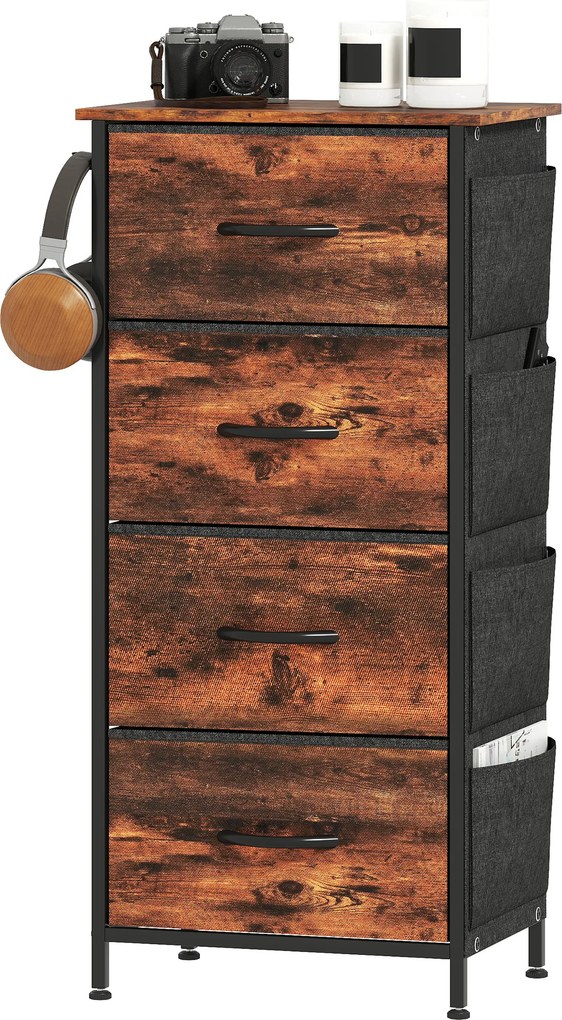 Cómoda de Quarto, 45 x 30 x 94,5 cm, 4 Gavetas em Tecido, Castanho Rústico