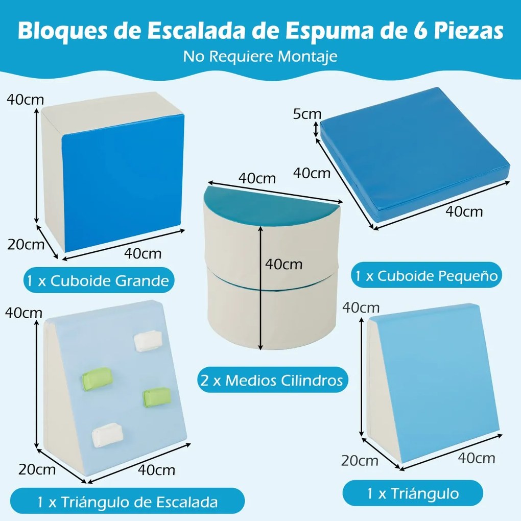 Conjunto de 6 blocos de espuma para crianças com velcro Escalada suave e leve para bebés Azul