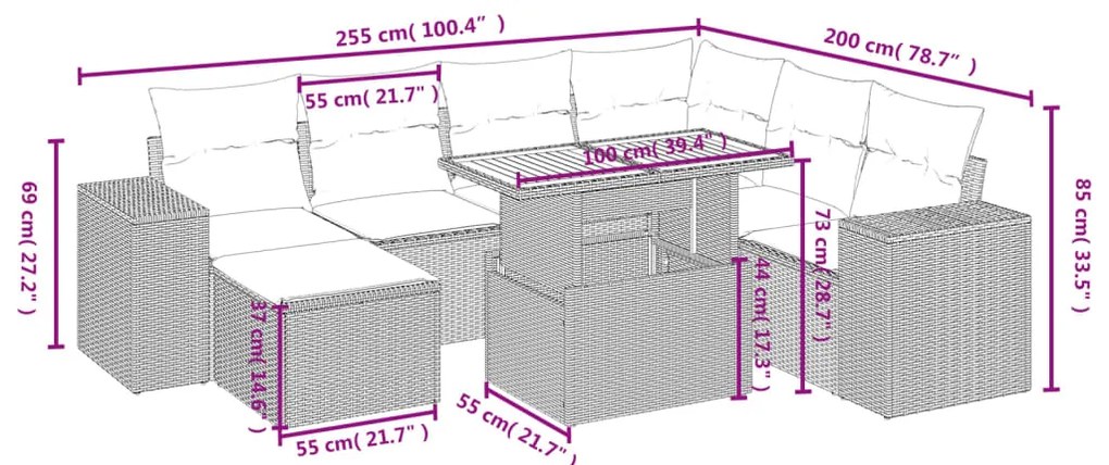 8 pcs conjunto sofás de jardim com almofadões vime PE preto