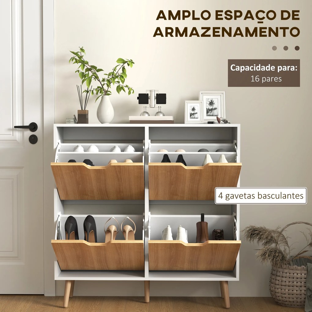 Sapateira para 16 Pares de Sapatos com 4 Gavetas e Prateleiras Ajustáveis 95x26x95 cm Branco e Madeira