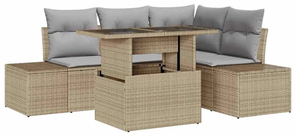 Conjunto de sofá de jardim com 5 peças e almofadas bege em rattan sint