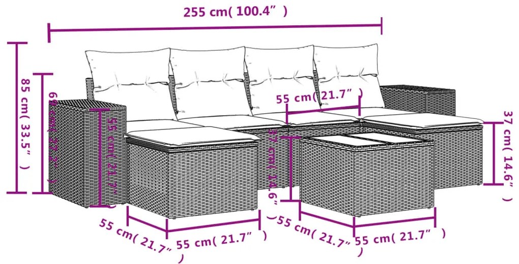 7 pcs conjunto de sofás p/ jardim com almofadões vime PE bege
