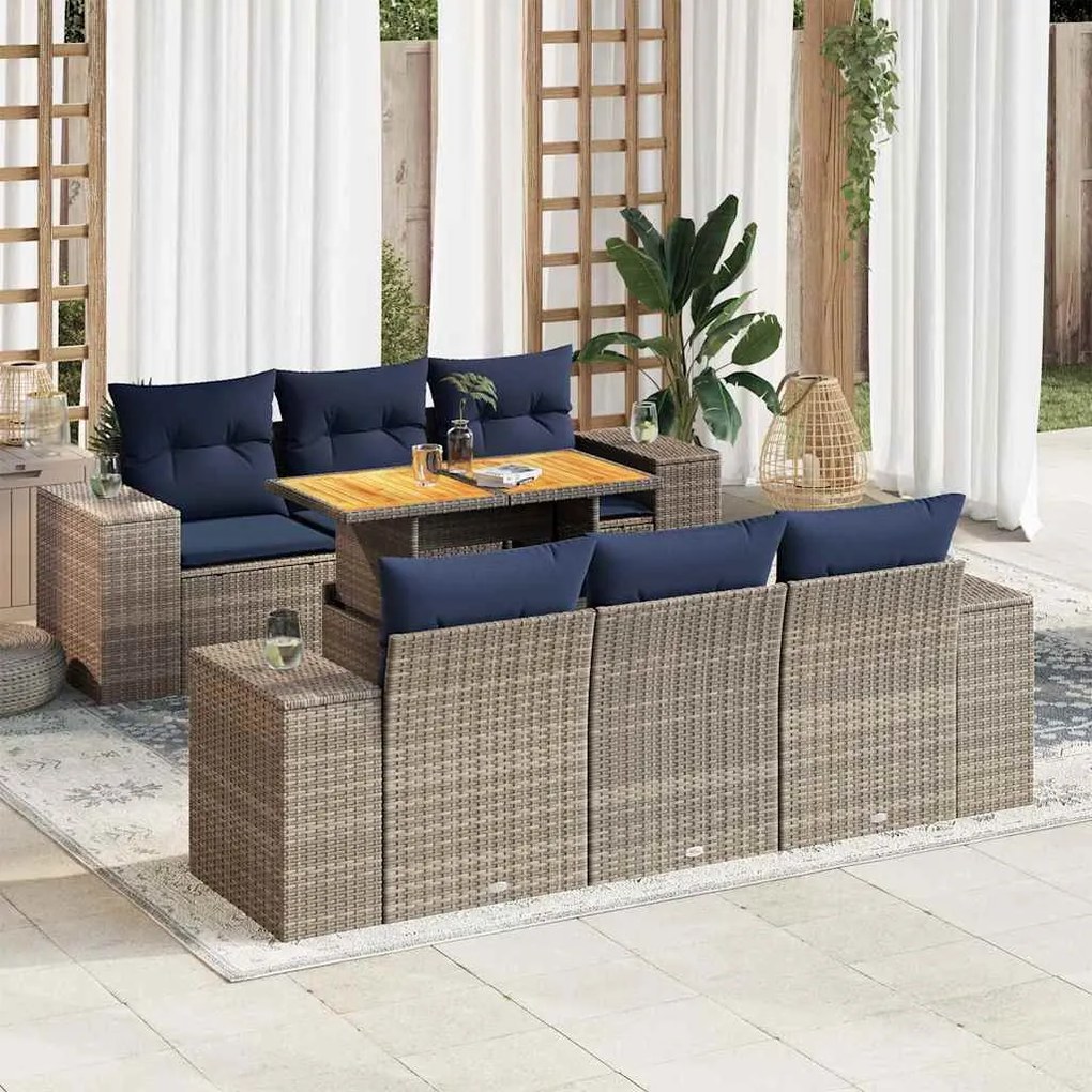 vidaXL 7 pcs conjunto sofás p/ jardim c/ almofadões vime PE cinzento