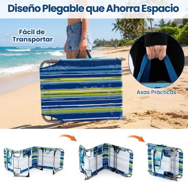 Espreguiçadeira dobrável para exterior, reclinável, com orifícios, apoio para o rosto, braços e encosto ajustável, bolsos, portátil, para praia e pisc