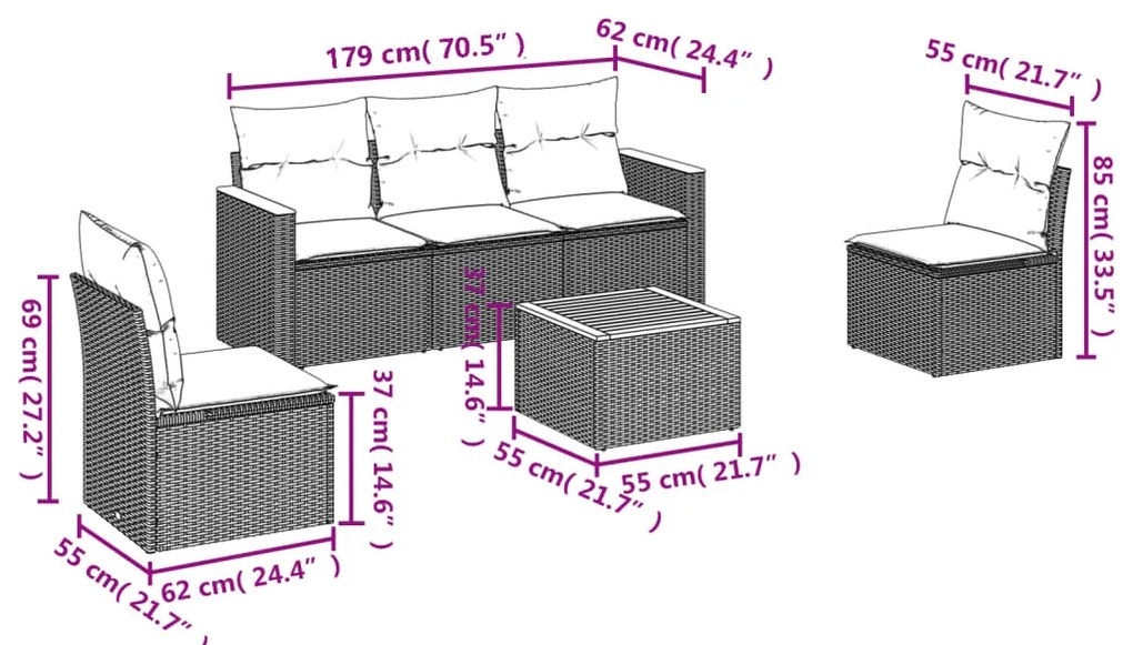 6 pcs conjunto sofás de jardim com almofadões vime cinzento