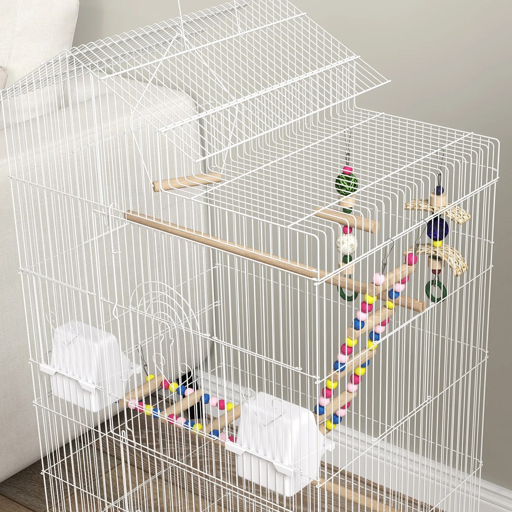 Gaiola para Passáros de Metal com Portas 4 Comedouros 3 Poleiros Baloiço Escadas e Bandeja Removível 46x36x100 cm Branco