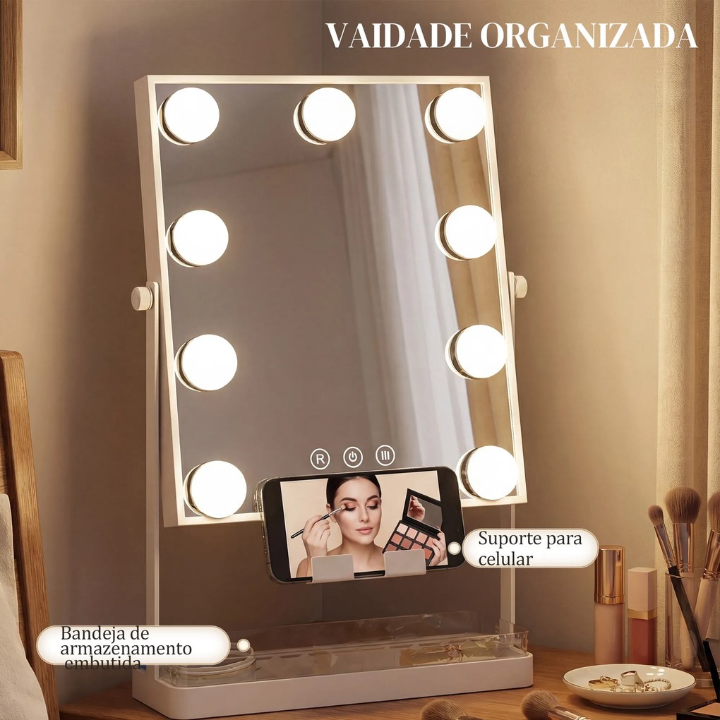 Espelho de Maquilhagem com Luz 9 Lâmpadas LED 3 Cores Interruptor Tátil Suporte para Telemóvel Branco