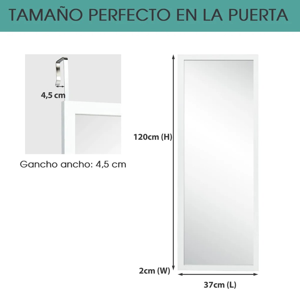 Espelho de corpo inteiro de parede com ganchos para porta Quarto Quarto Sala Vestiário 120 x 37 cm Branco