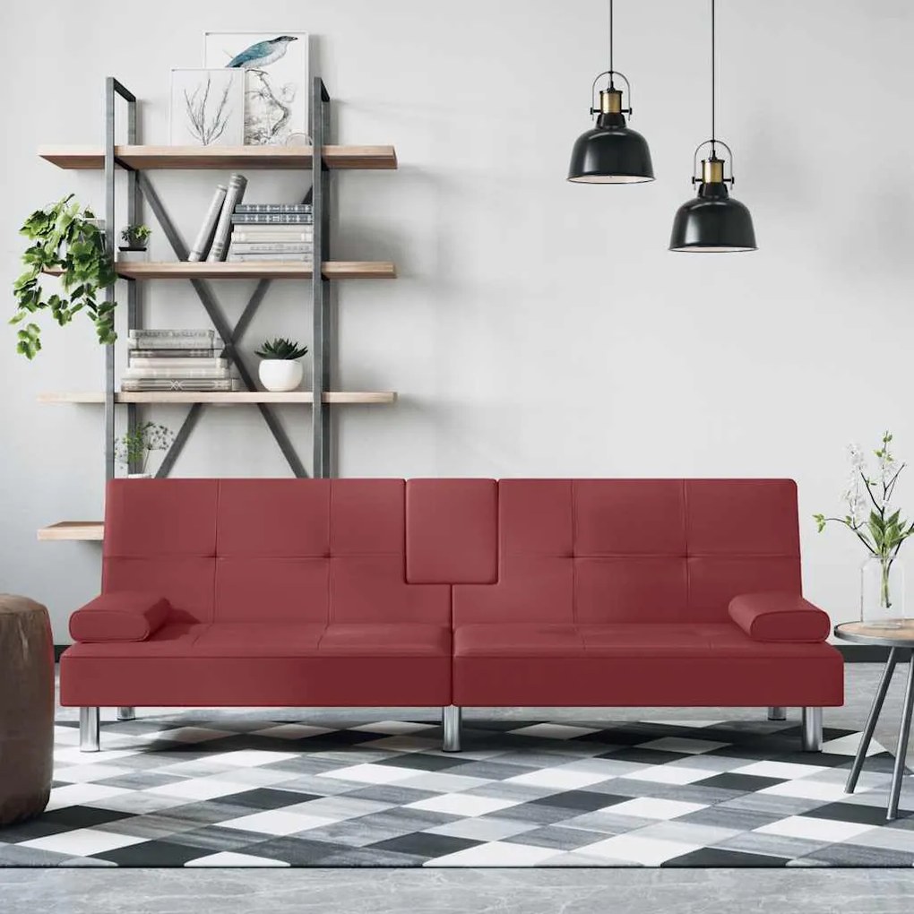 vidaXL Sofá-cama com suporte p/ copos couro artificial vermelho tinto