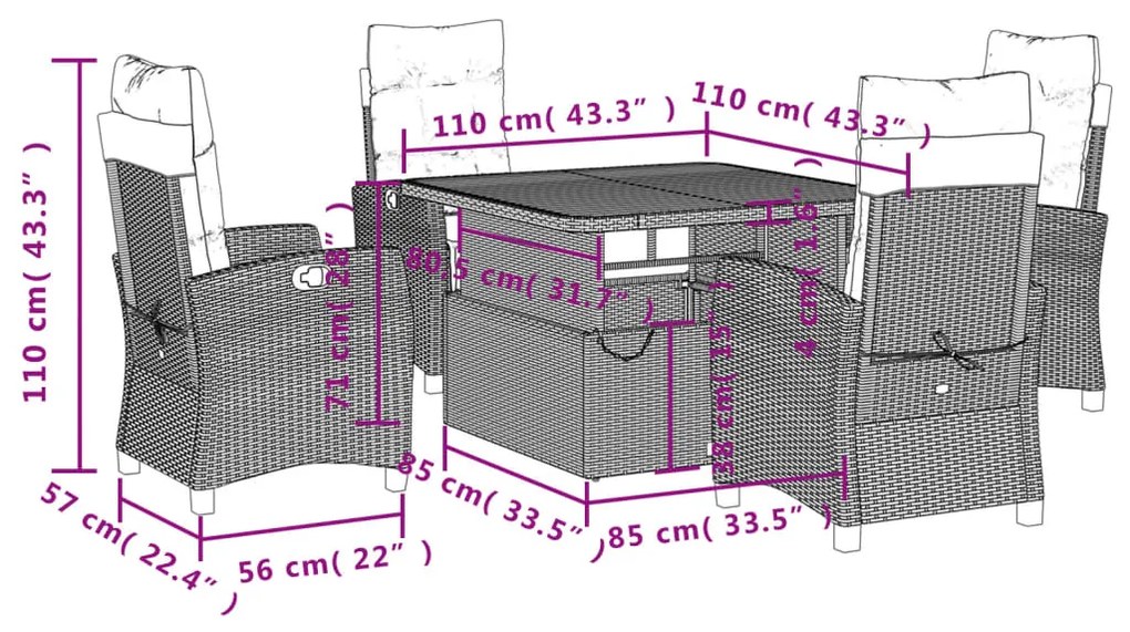 5 pcs conjunto de jantar p/ jardim com almofadões vime PE bege