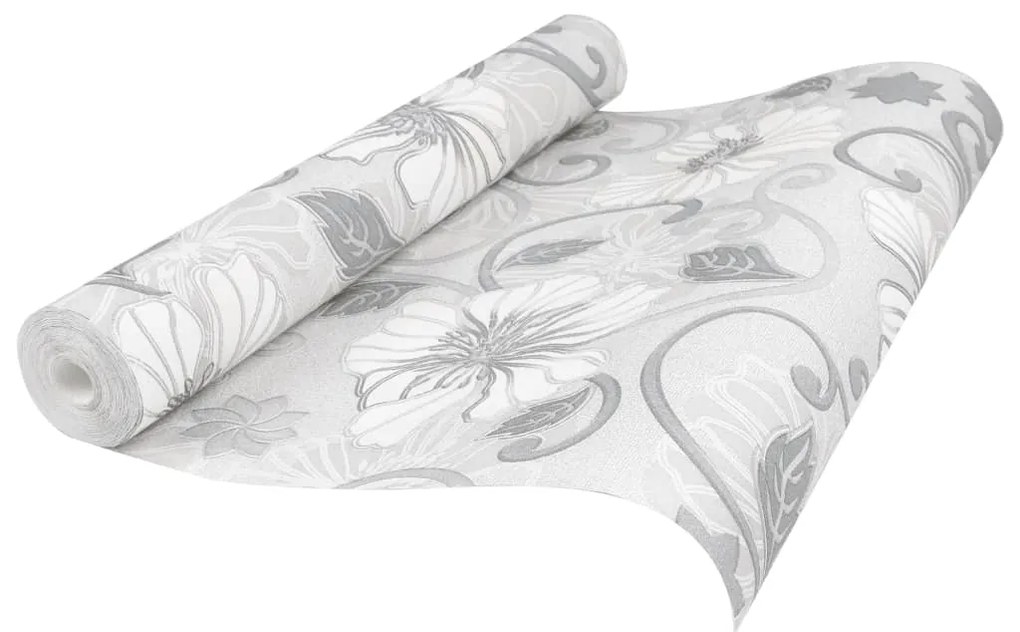 Papel parede 3D c/ padrão flores 10x0,53 m não-tecido cinza