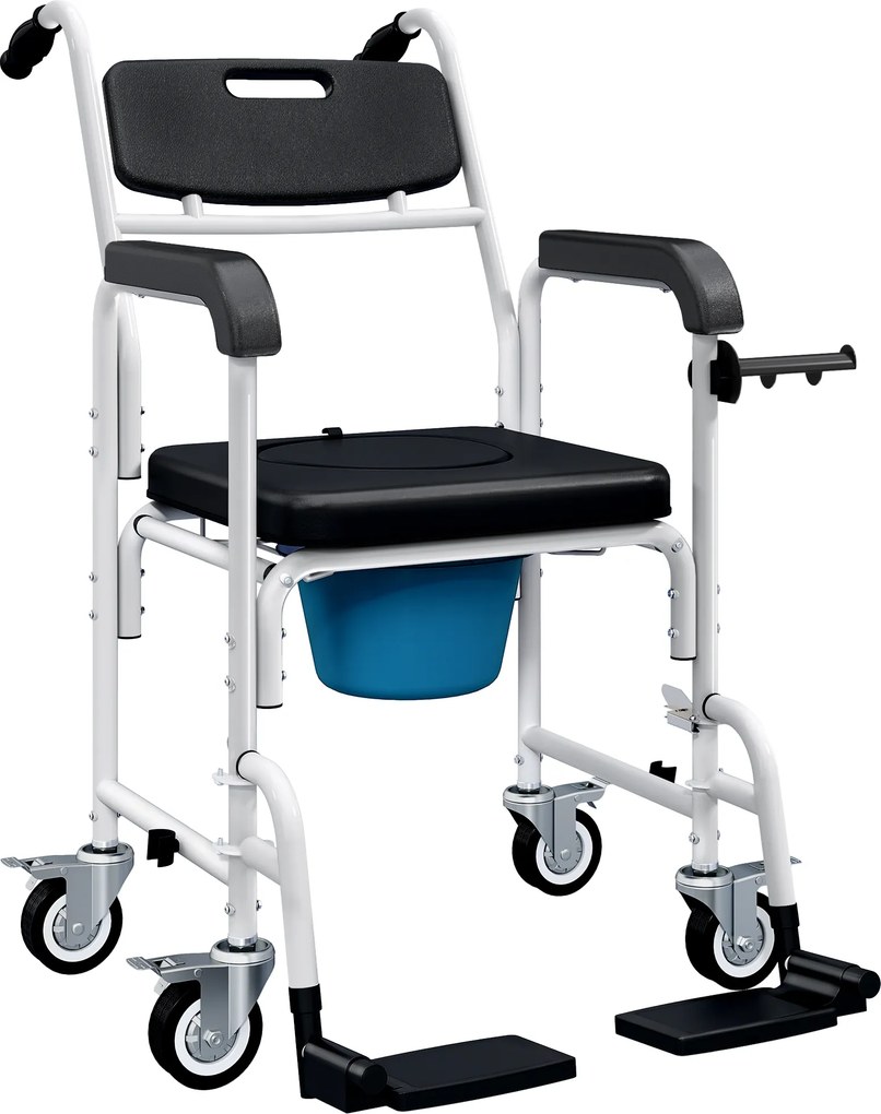 Cadeira sanitária para adultos com rodas 53 x 97 x 97 cm, cadeira sanitária para duche com apoio para os pés, encosto e braços, preta